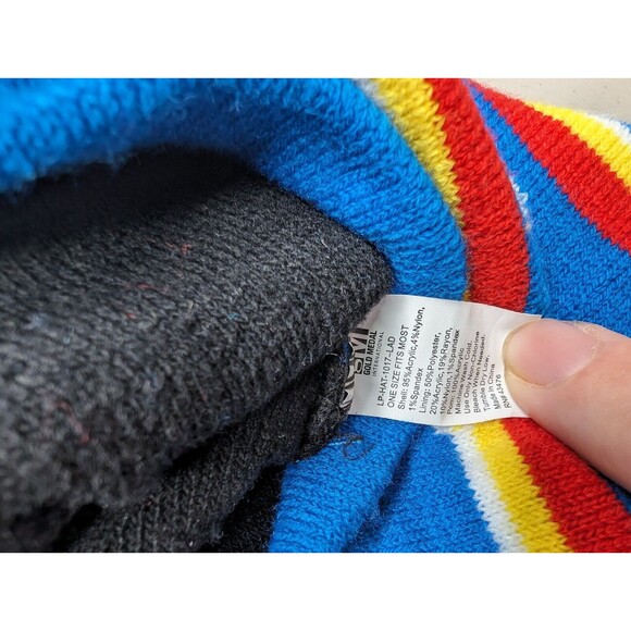 COLORADO Beanie, Knit Hat, Multicolor Puff, Blue, Red/White/Yellow Stripes - Picture 6 of 7